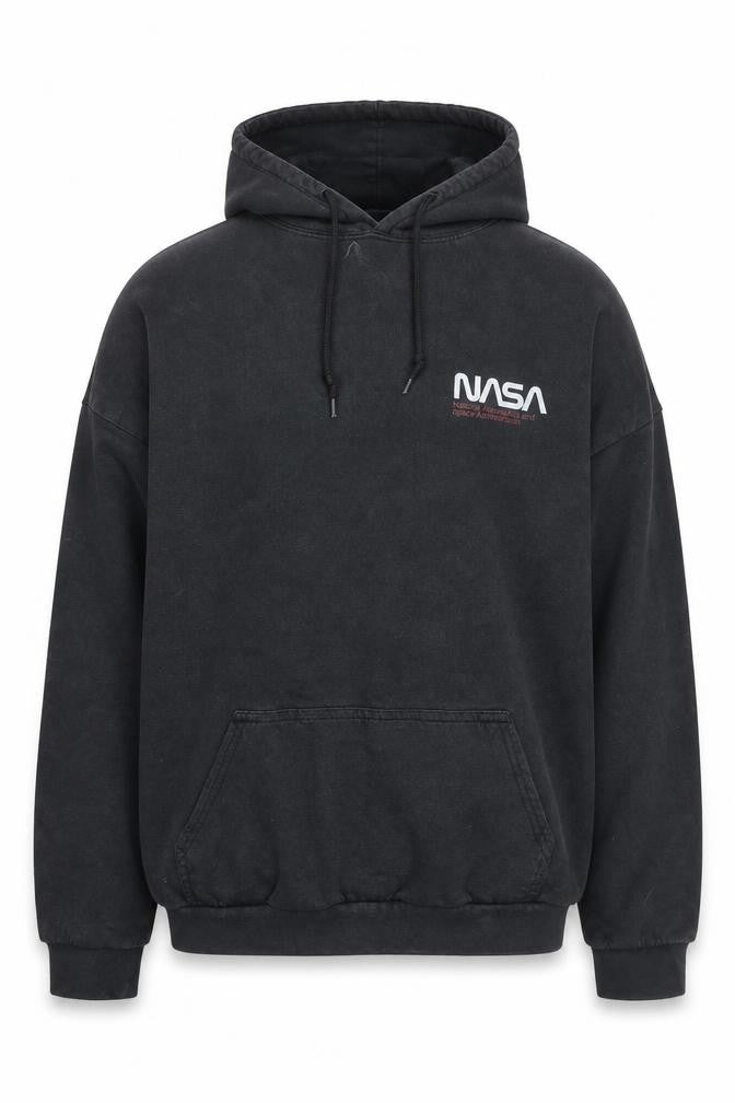 Front view of NASA Men's Black Pullover Hoodie, size L, Regular Fit Graphic Print