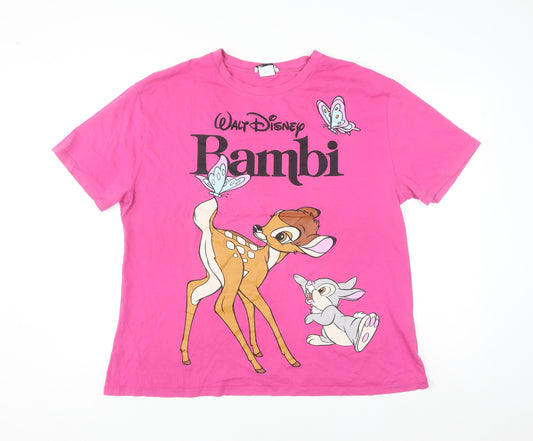 Zara Women Pink Bambi Disney Print Short Sleeve Cotton T-Shirt M