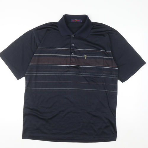 Gold Men Navy Blue Striped Golf Polo Shirt L Cotton Blend