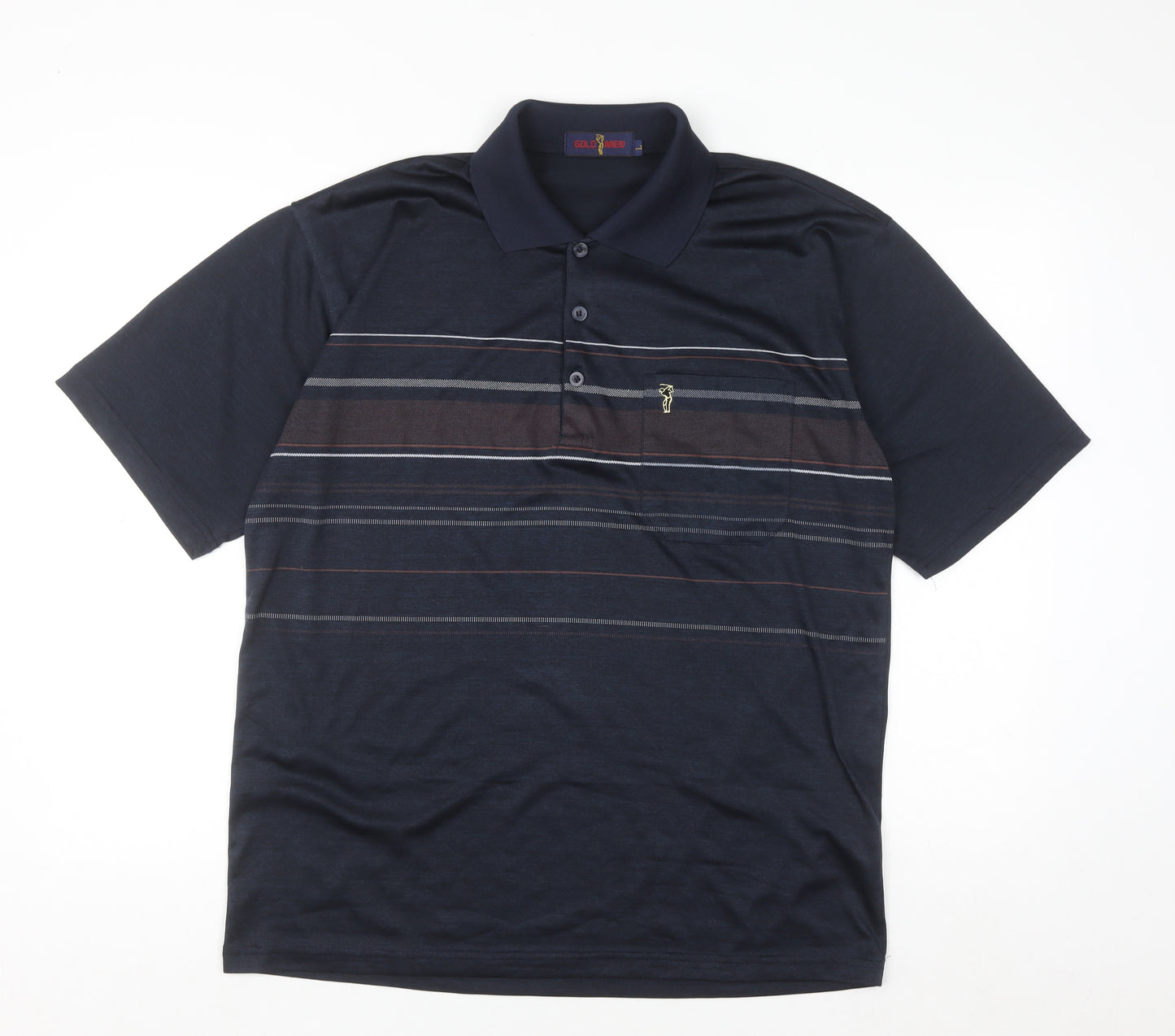 Gold Men Navy Blue Striped Golf Polo Shirt L Cotton Blend