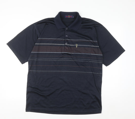 Gold Men Navy Blue Striped Golf Polo Shirt L Cotton Blend