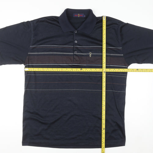 Gold Men Navy Blue Striped Golf Polo Shirt L Cotton Blend