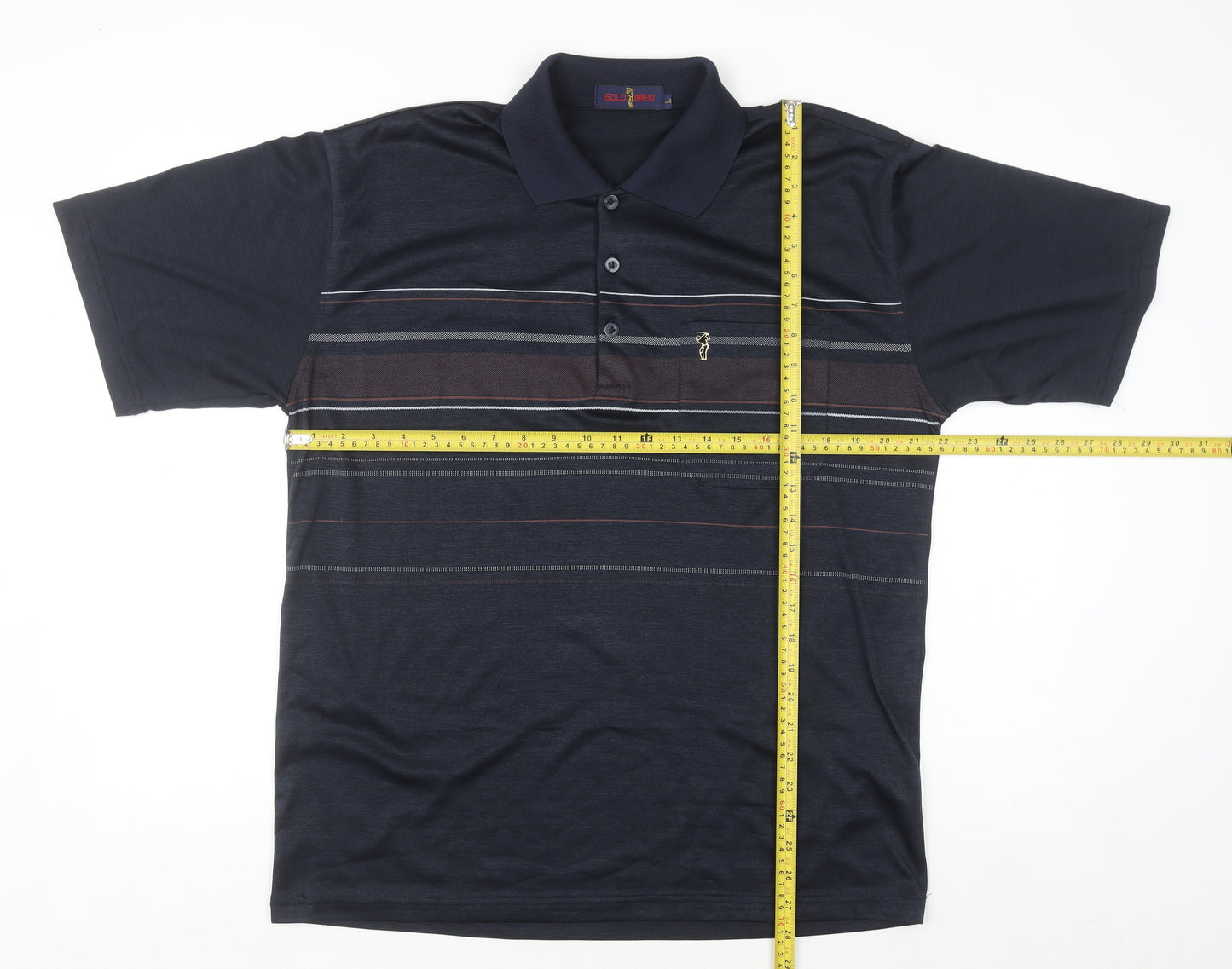 Gold Men Navy Blue Striped Golf Polo Shirt L Cotton Blend