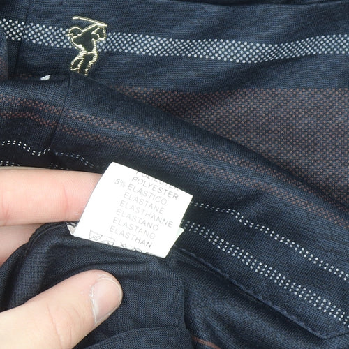 Gold Men Navy Blue Striped Golf Polo Shirt L Cotton Blend