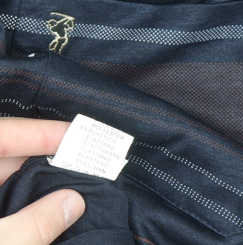 Gold Men Navy Blue Striped Golf Polo Shirt L Cotton Blend