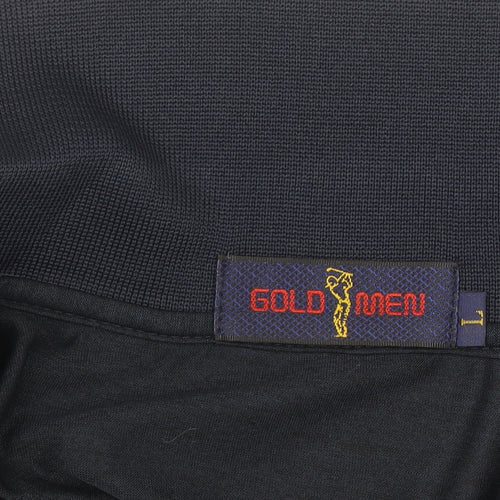 Gold Men Navy Blue Striped Golf Polo Shirt L Cotton Blend