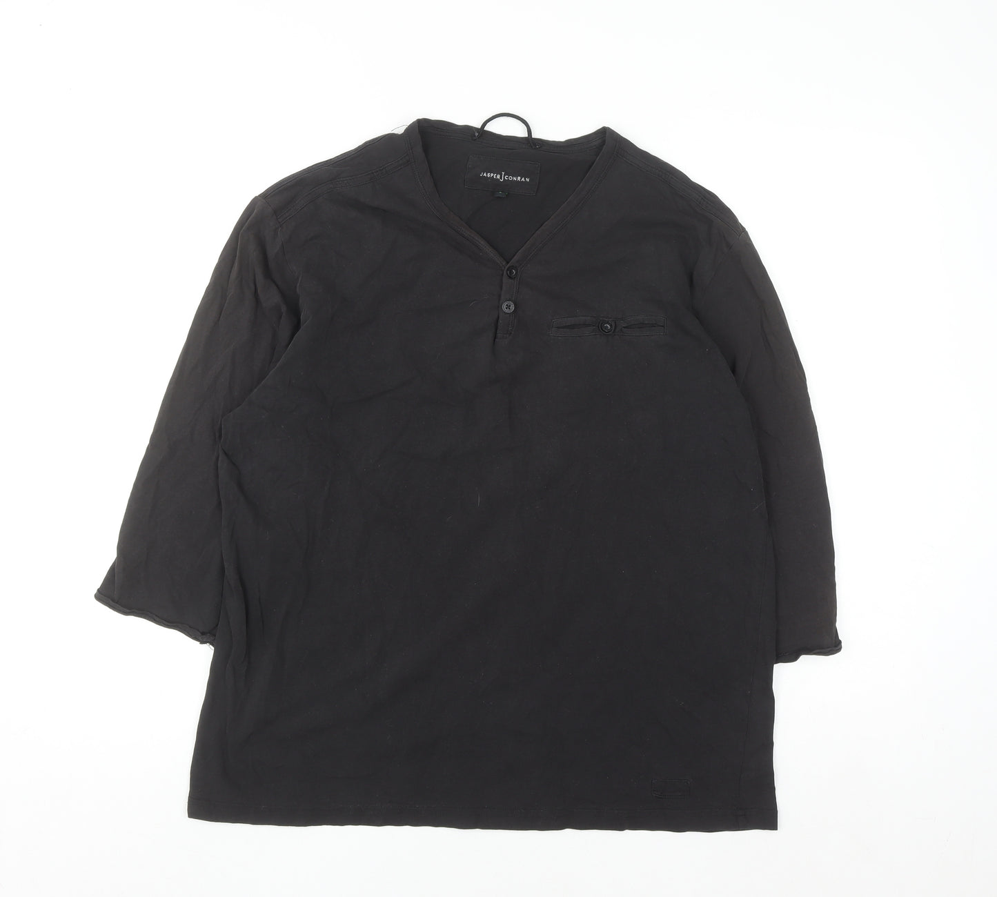 Jasper Conran Men's Black Cotton Henley Shirt L Long Sleeve Casual Top