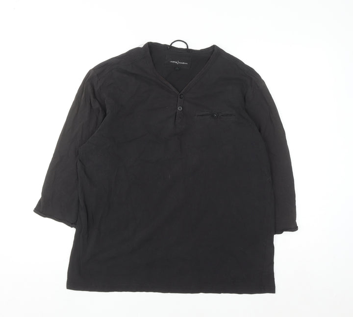 Jasper Conran Men's Black Cotton Henley Shirt L Long Sleeve Casual Top