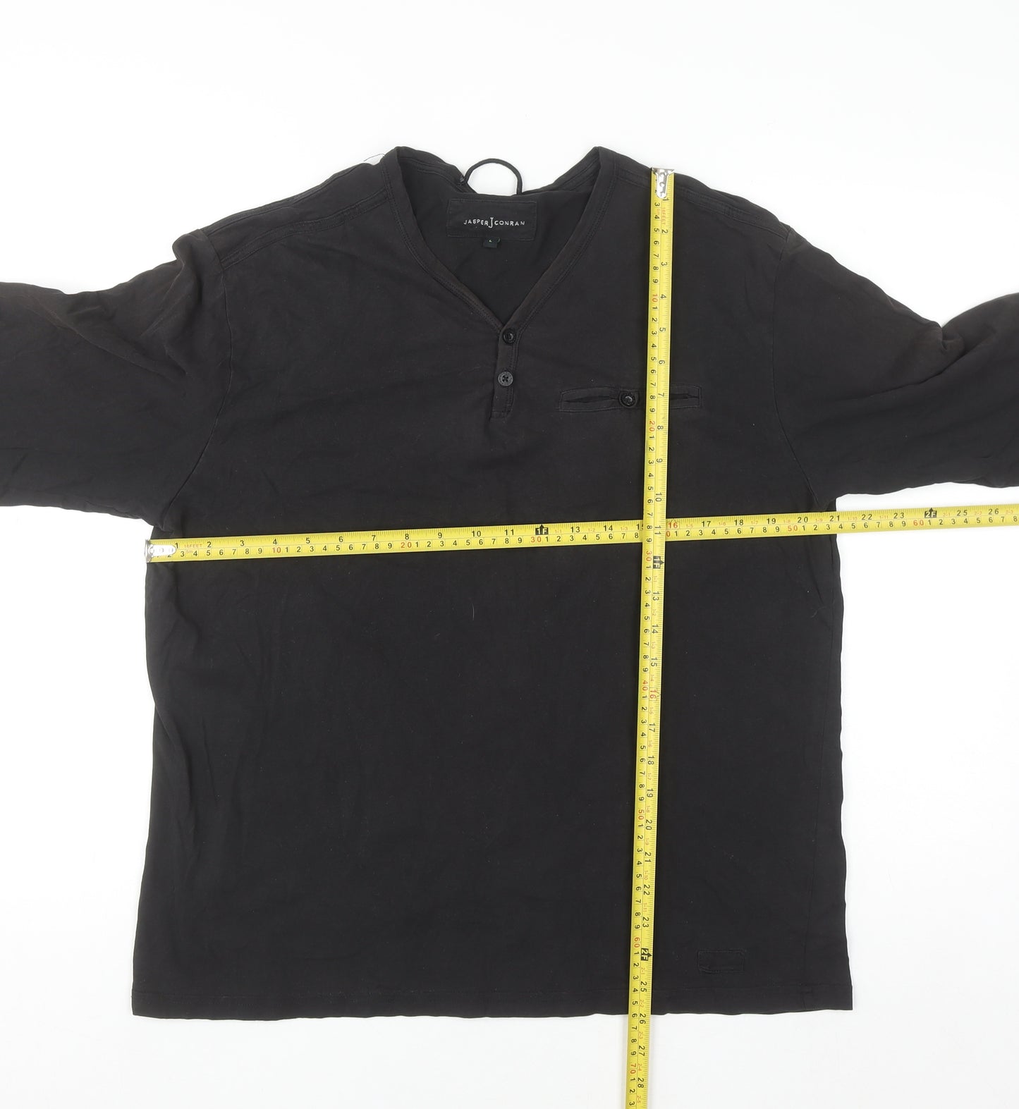 Jasper Conran Men's Black Cotton Henley Shirt L Long Sleeve Casual Top