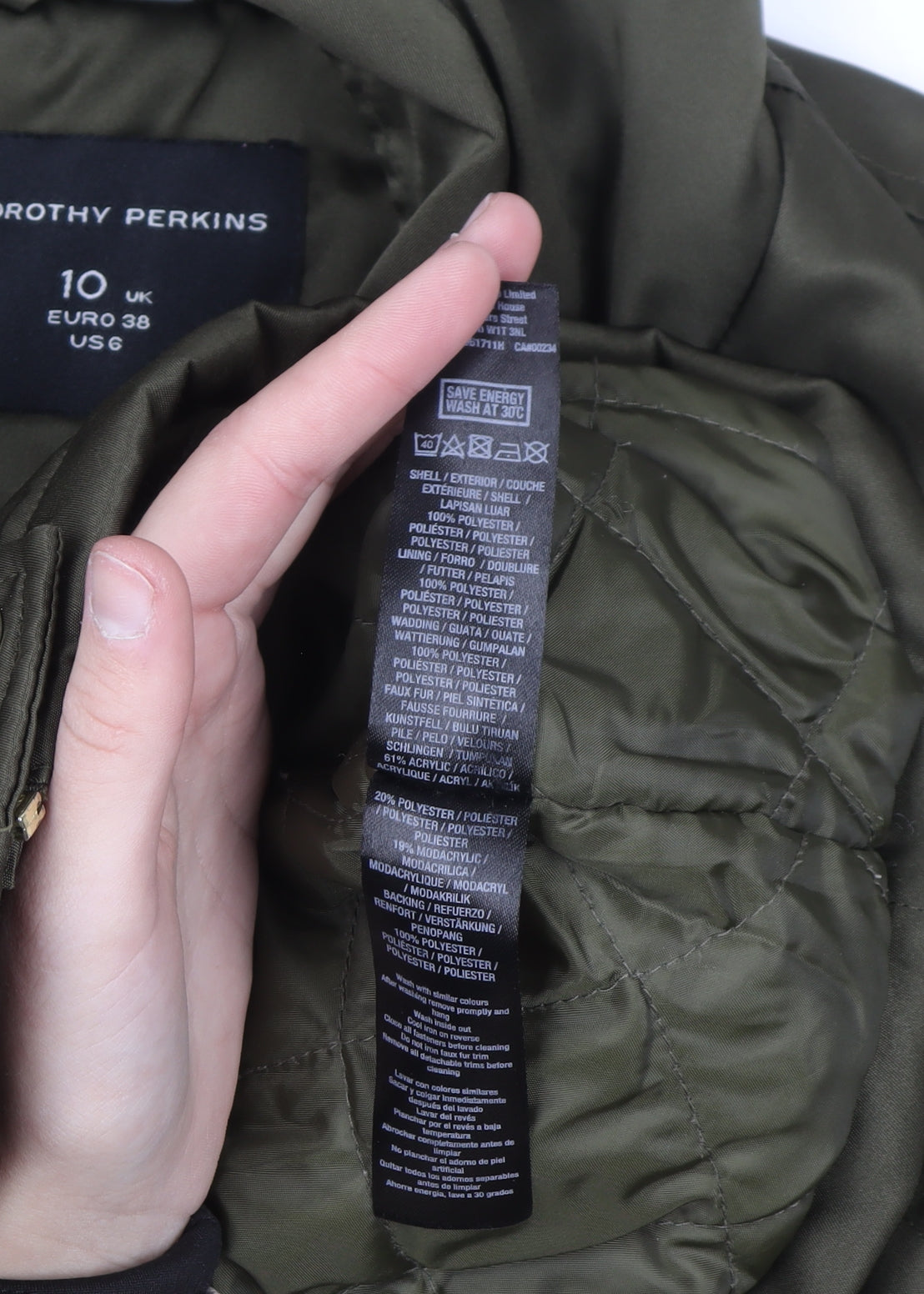 Dorothy Perkins Women’s Green Hooded Parka Jacket Size 10