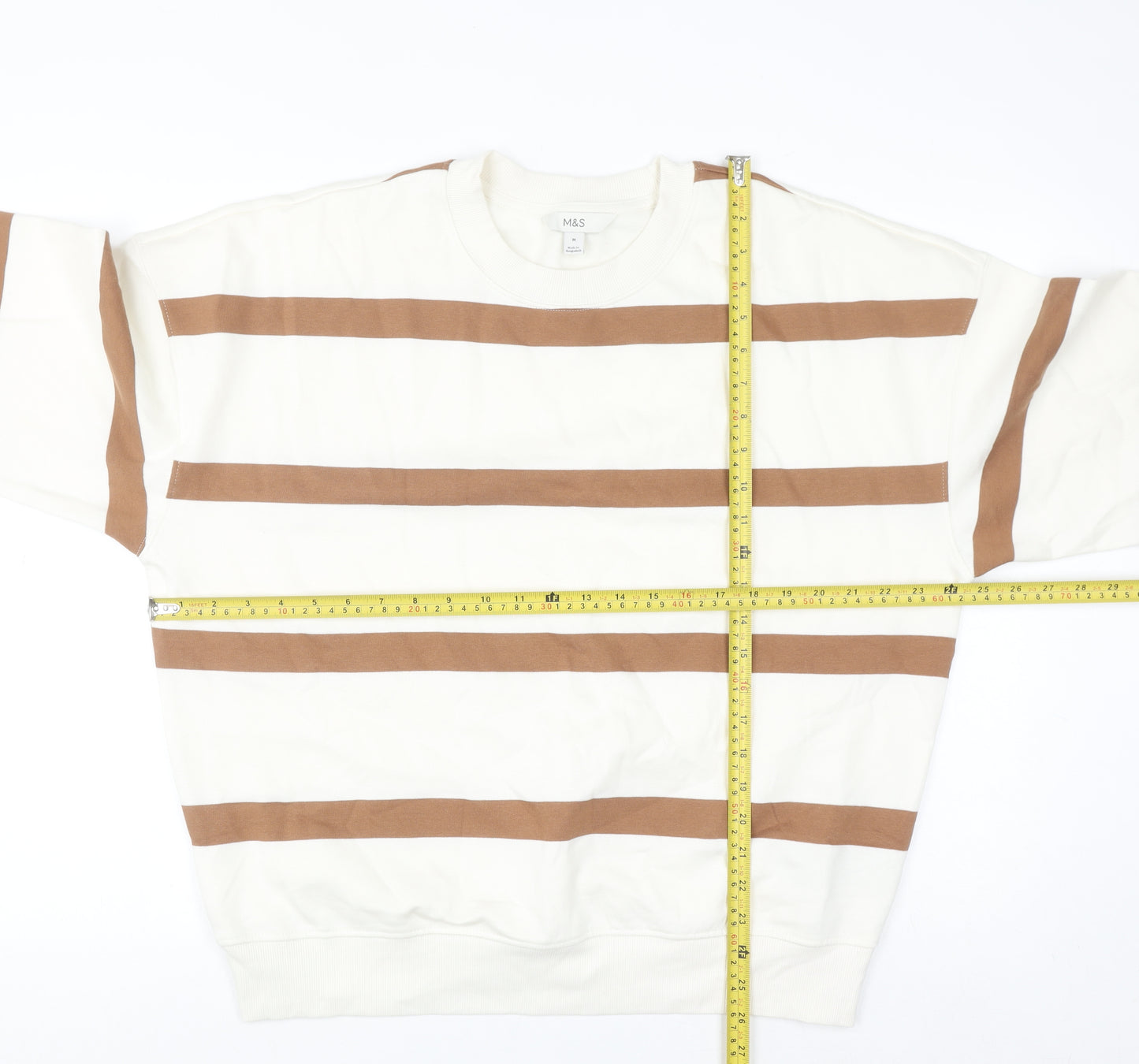 Marks and Spencer Men's Beige Striped Pullover Sweatshirt M