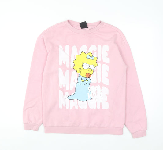 Front view of The Simpsons girls’ pink maggie pullover sweatshirt 13-14 years