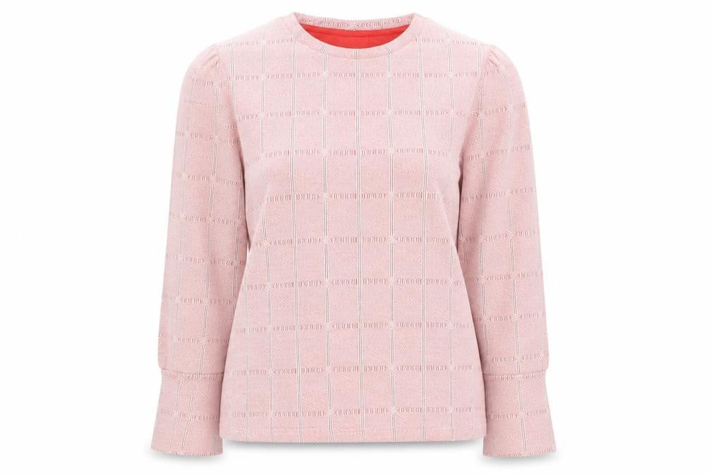 Front view of Savida Women's Pink Geometric Long Sleeve Blouse, size 12