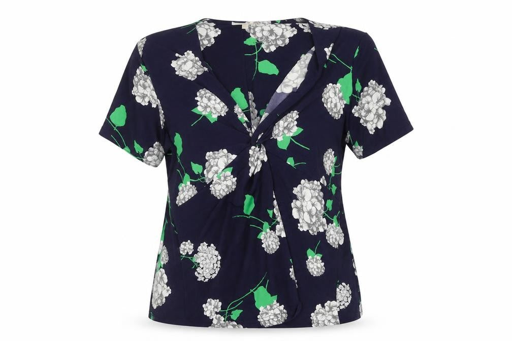Front view of Anthology Women Blue Floral Wrap Blouse, size 18, Short Sleeve