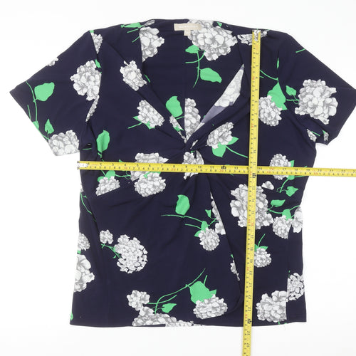 Anthology Women Blue Floral Wrap Blouse Size 18 Short Sleeve