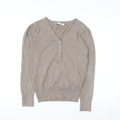 ZARA Women Beige V-Neck Henley Knit Jumper Size 12