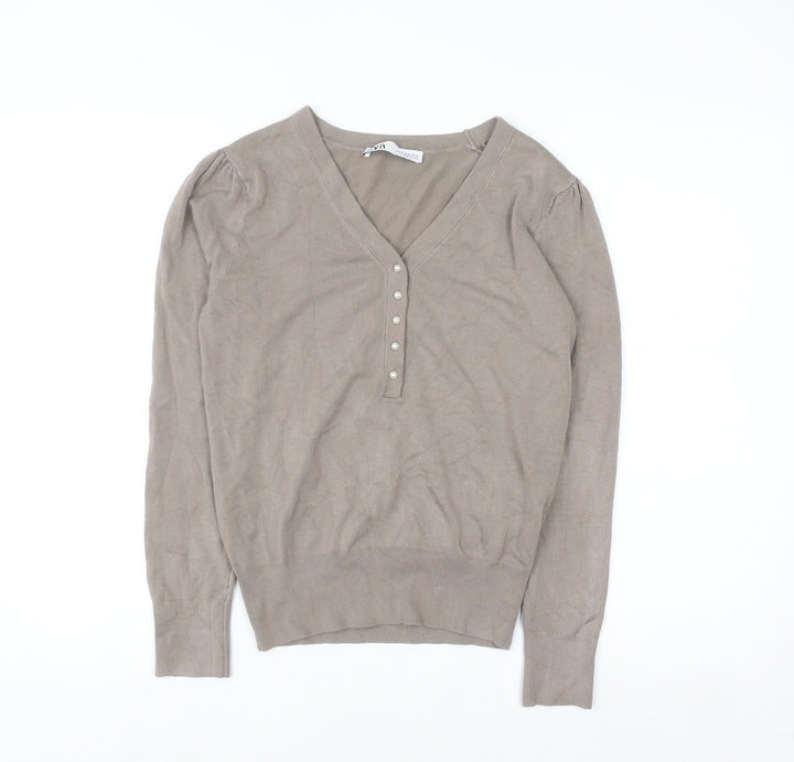 ZARA Women Beige V-Neck Henley Knit Jumper Size 12