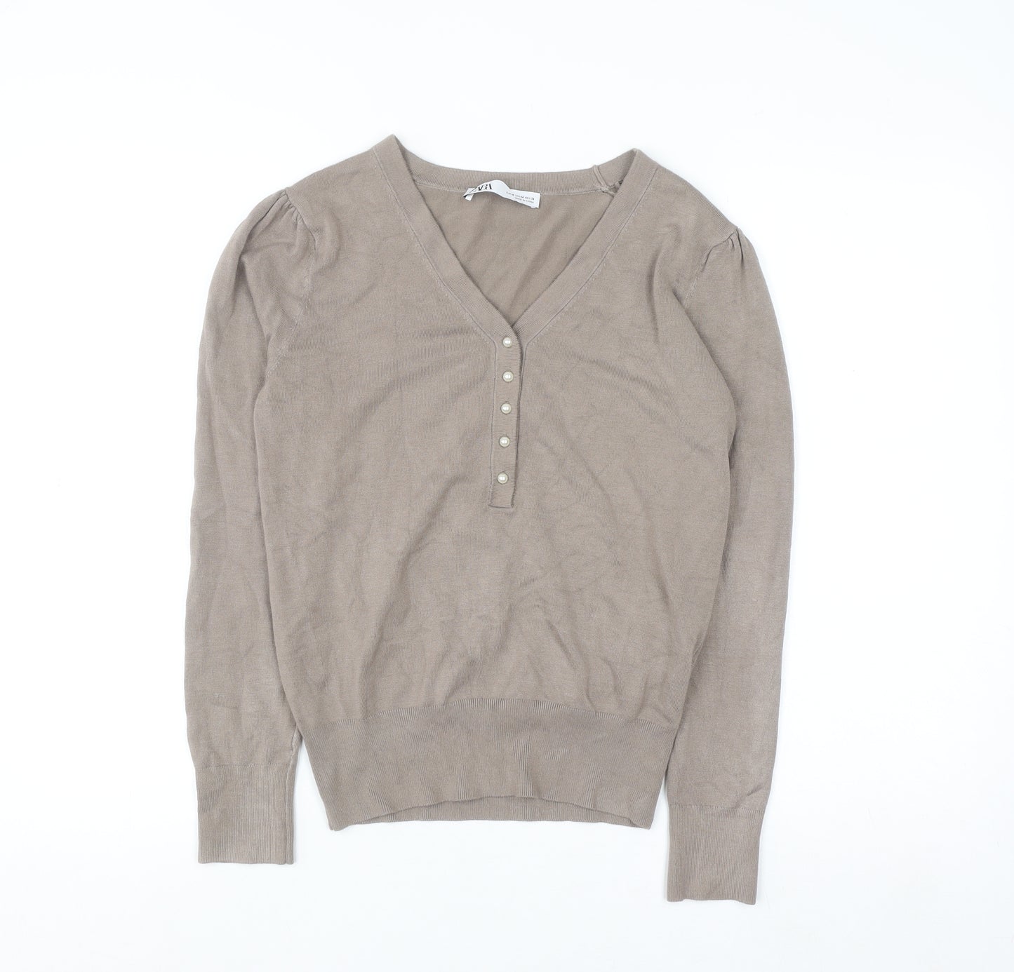 ZARA Women Beige V-Neck Henley Knit Jumper Size 12