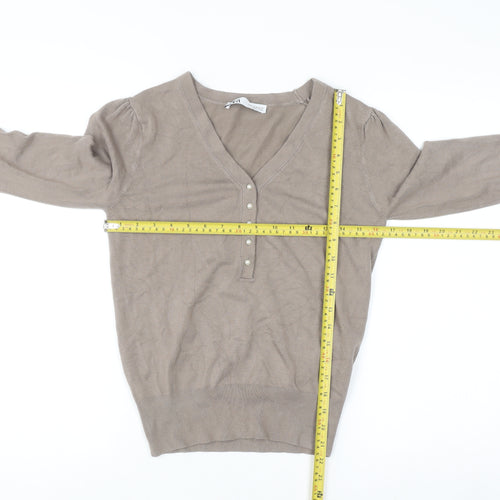 ZARA Women Beige V-Neck Henley Knit Jumper Size 12