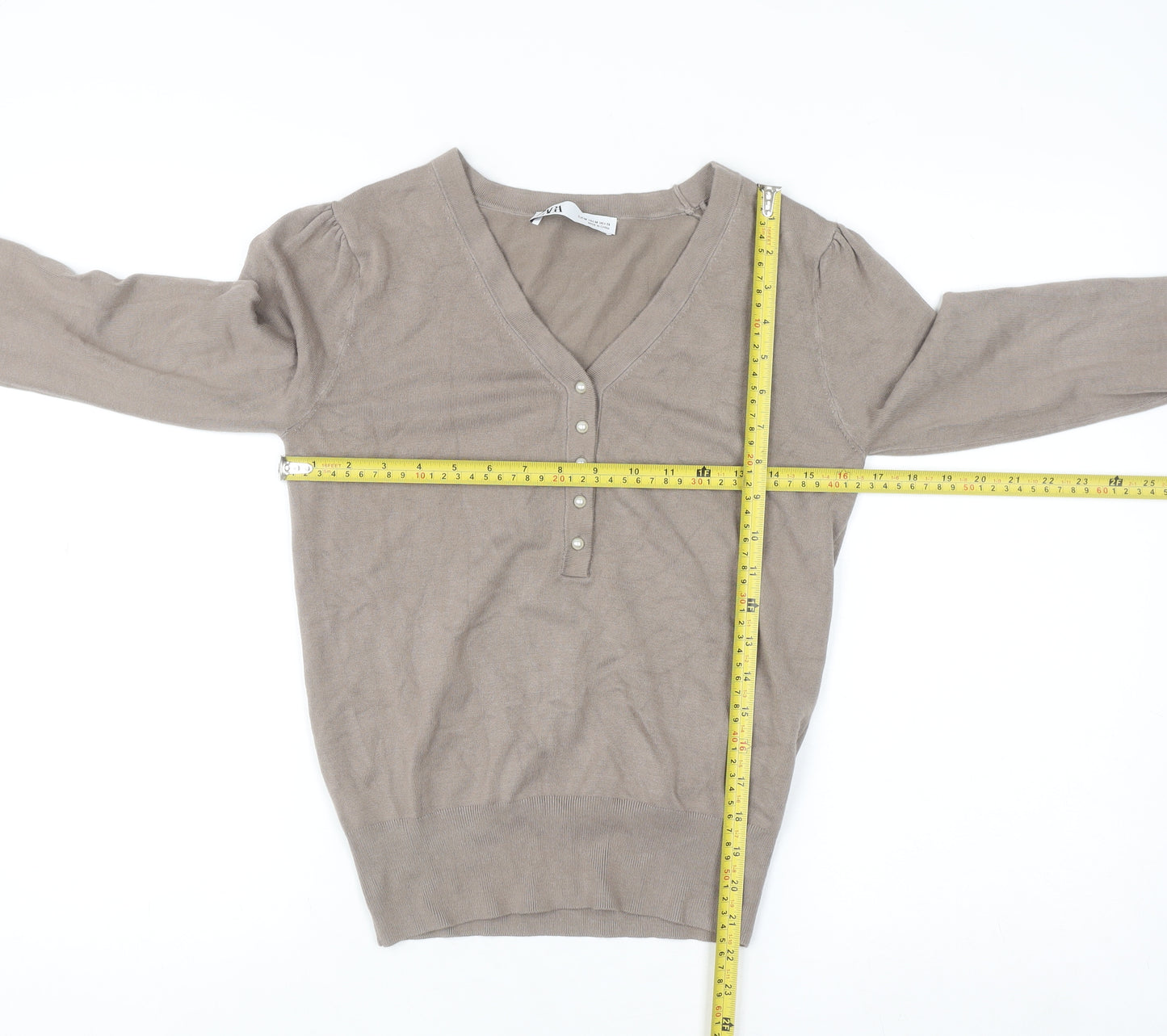 ZARA Women Beige V-Neck Henley Knit Jumper Size 12