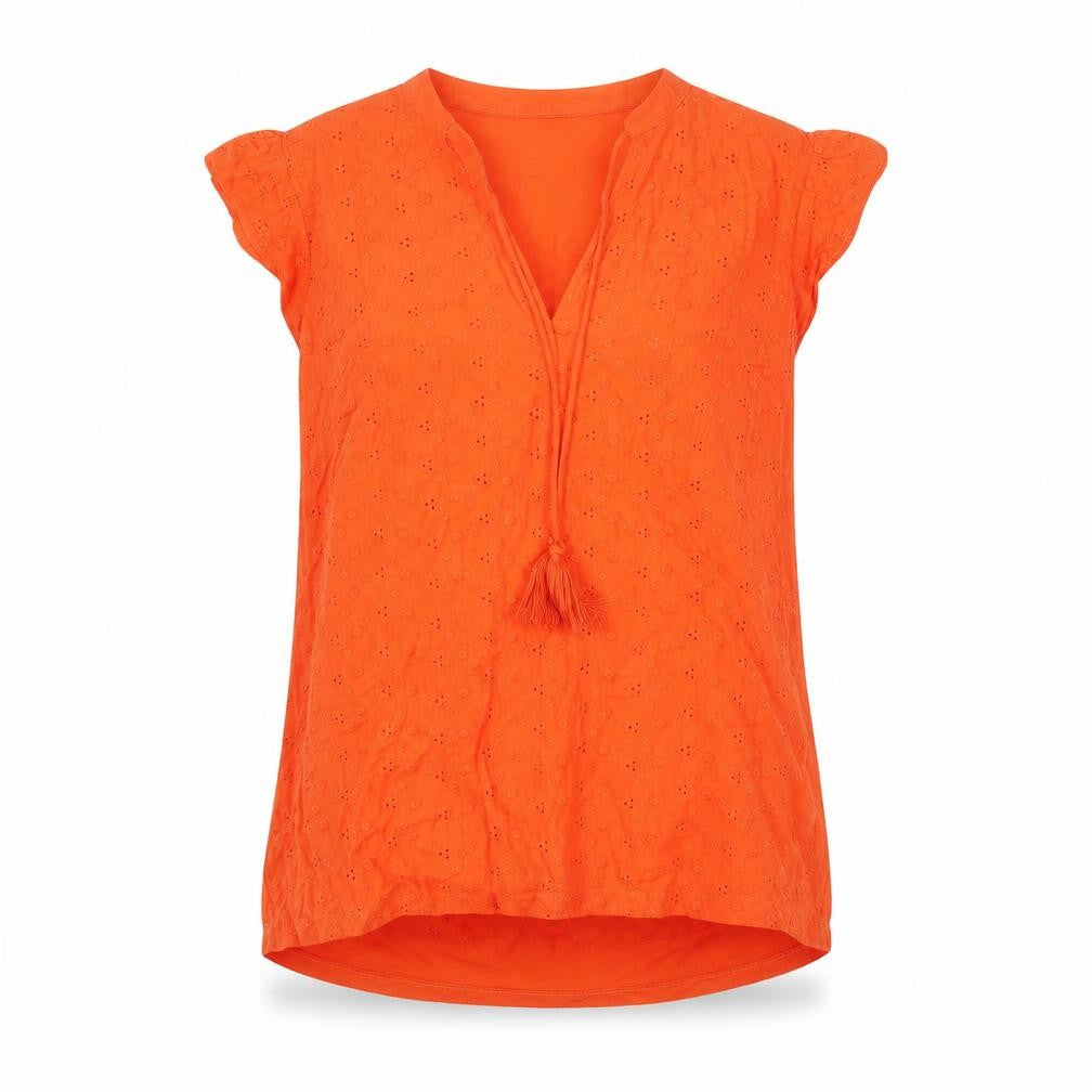 Front view of Dunnes Women Orange Cotton Tassel Tunic Blouse, size S