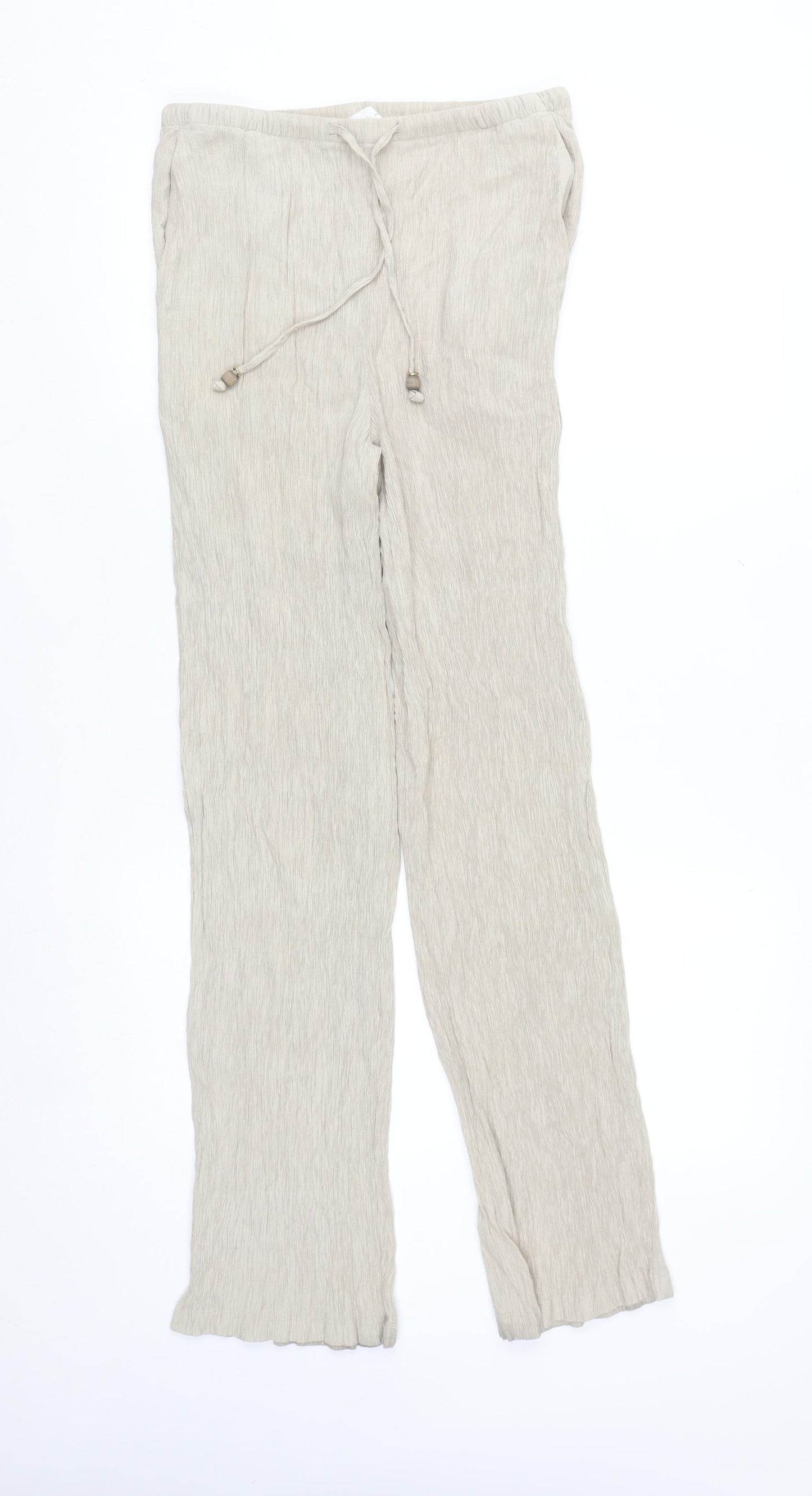 ZARA Women Beige XS Lightweight Straight Trousers with Drawstring Waist