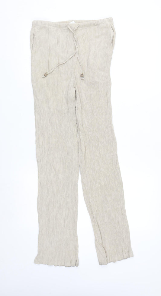 ZARA Women Beige XS Lightweight Straight Trousers with Drawstring Waist