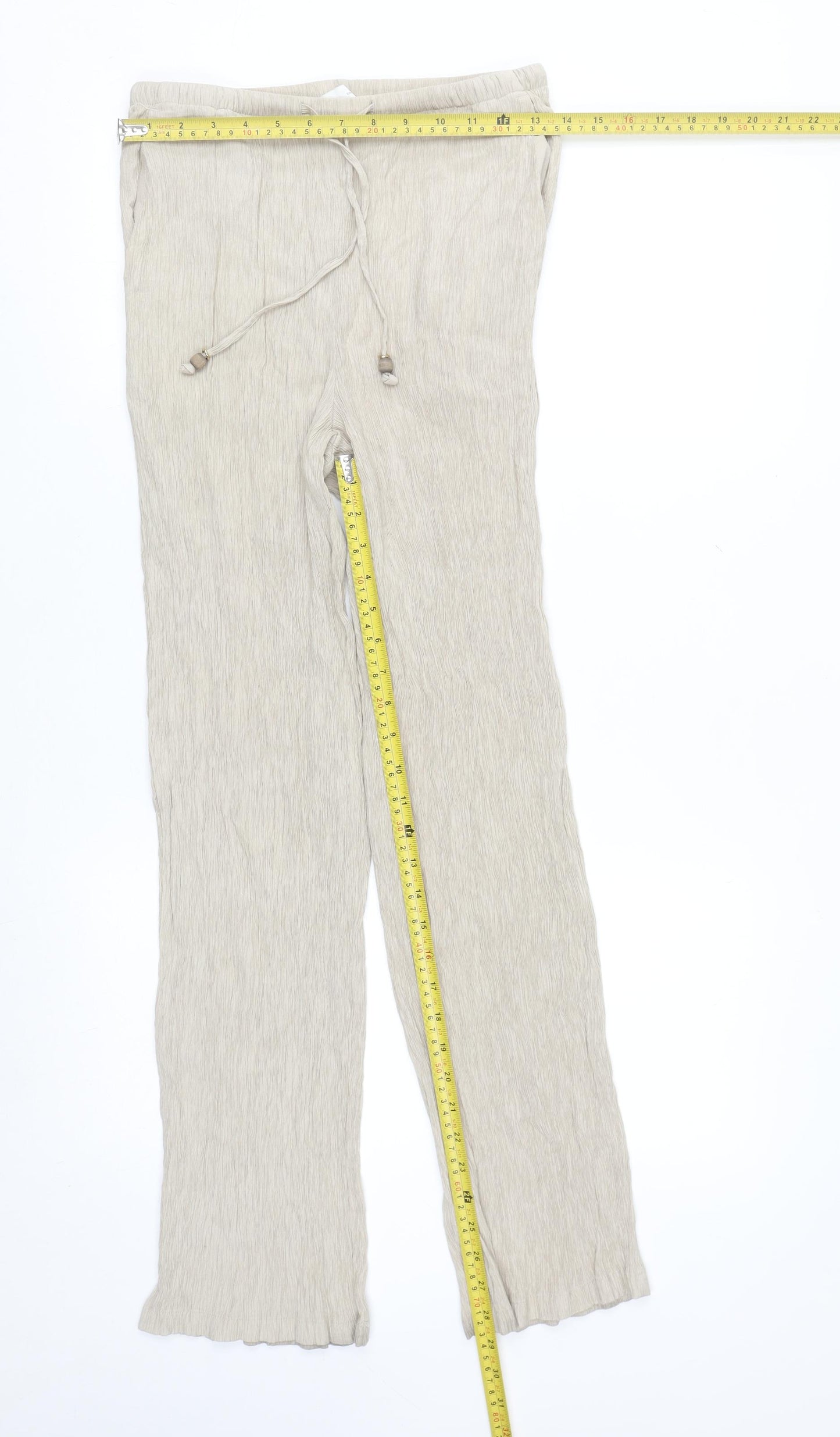 ZARA Women Beige XS Lightweight Straight Trousers with Drawstring Waist