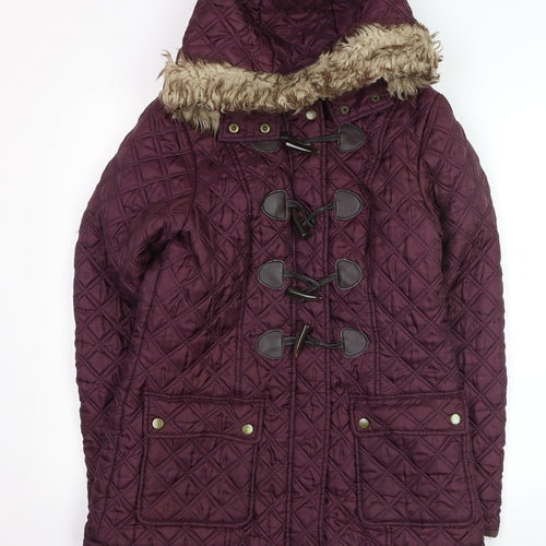 New Look Womens Purple Quilted Hooded Duffle Coat Size 12