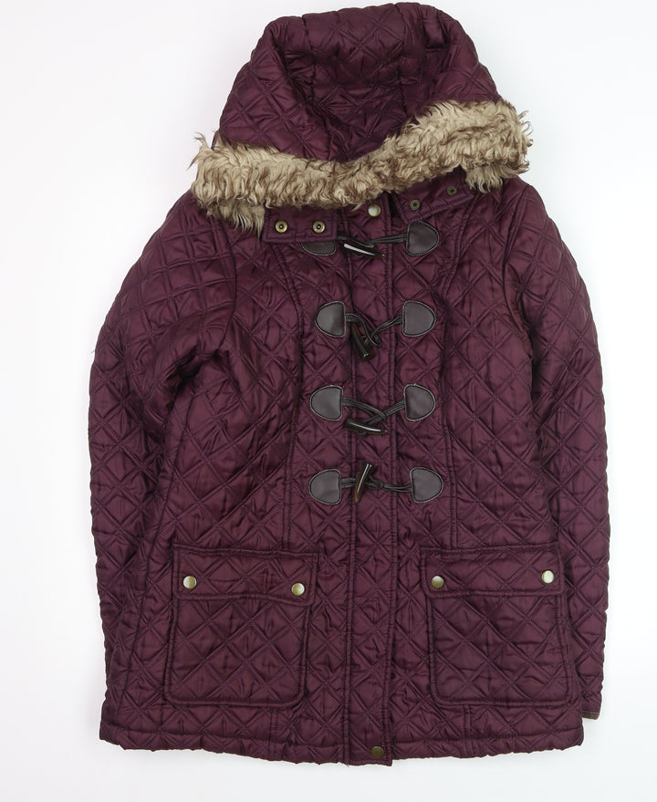 New Look Womens Purple Quilted Hooded Duffle Coat Size 12