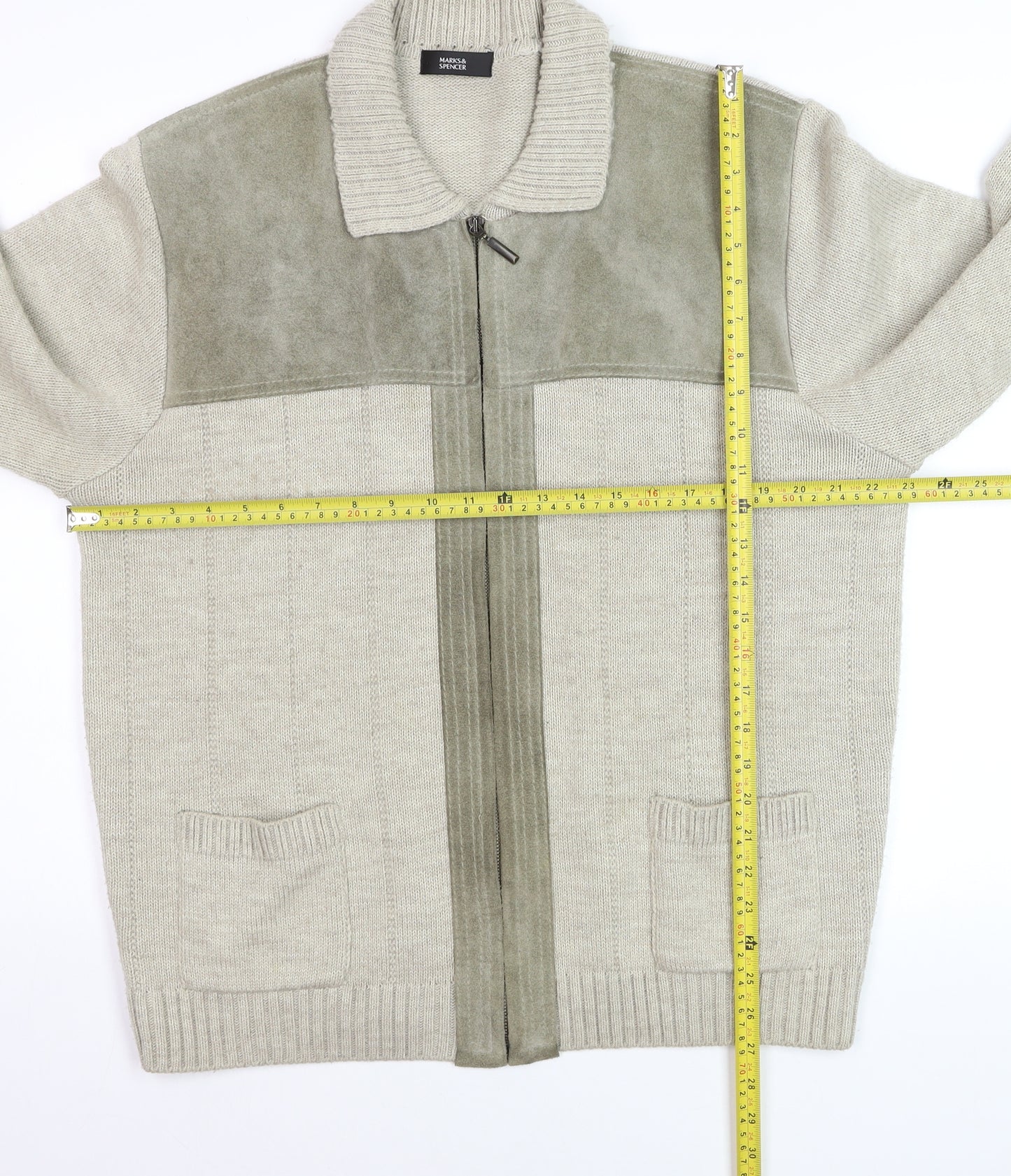 Marks and Spencer Men’s Beige Full Zip Collared Jumper L Wool Blend