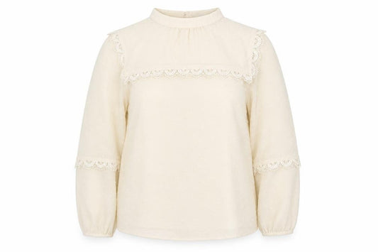 Front view of Oasis Women Ivory Lace Long Sleeve High Neck Tunic Blouse, size 12