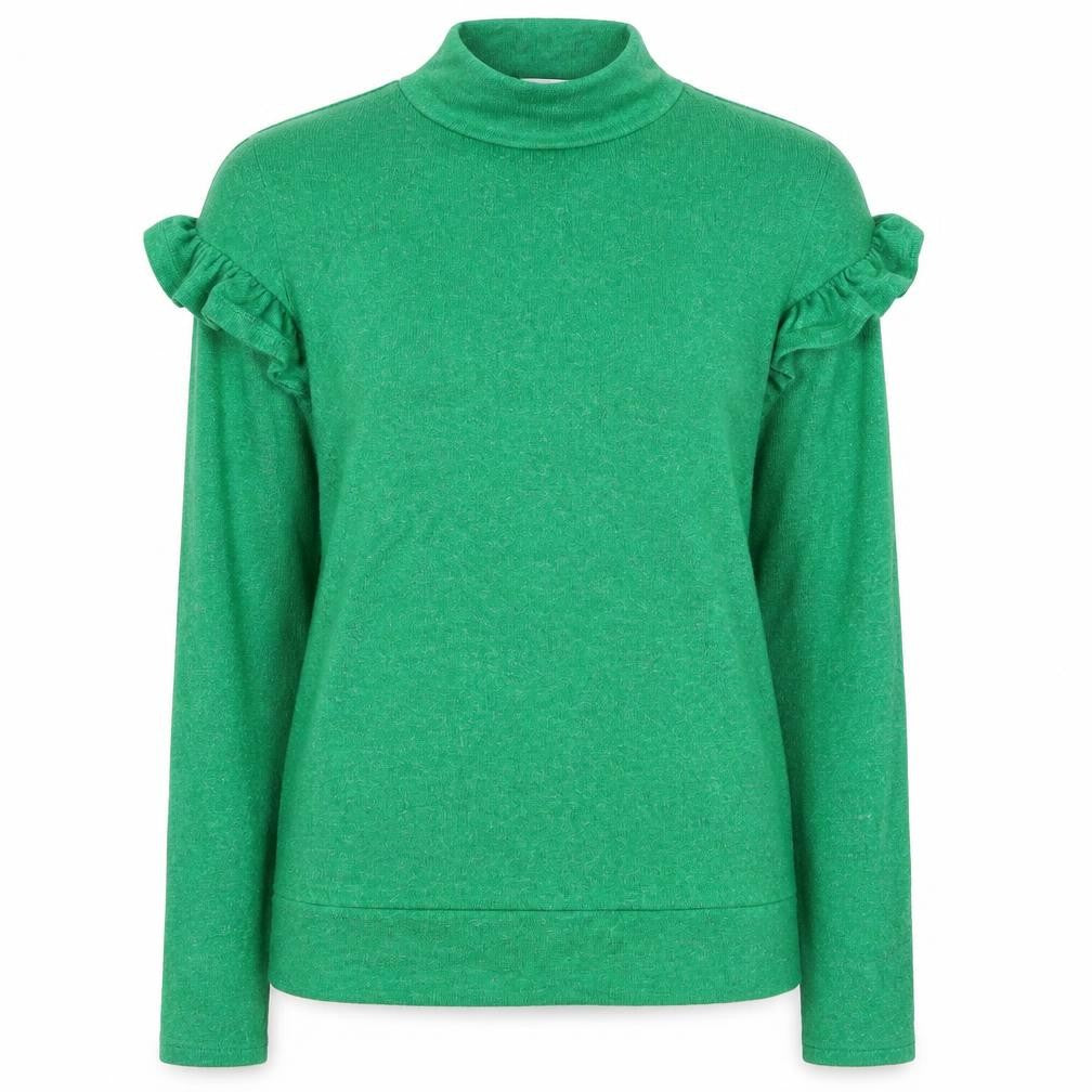 Front view of Savida Women's Green Mock Neck Ruffle Sleeve jumper, size 12