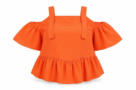 Front view of Atmosphere Women's Orange Cold Shoulder Ruffle Camisole Blouse, size 8
