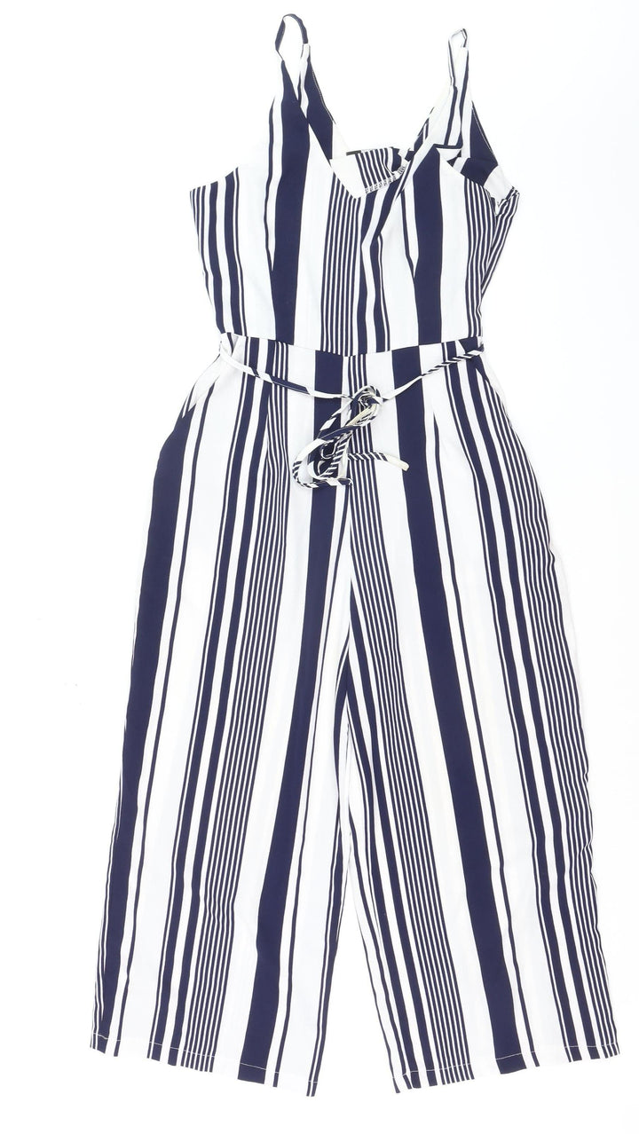 AX Paris Women’s Navy & White Striped Belted Jumpsuit Size 8 Summer Casual