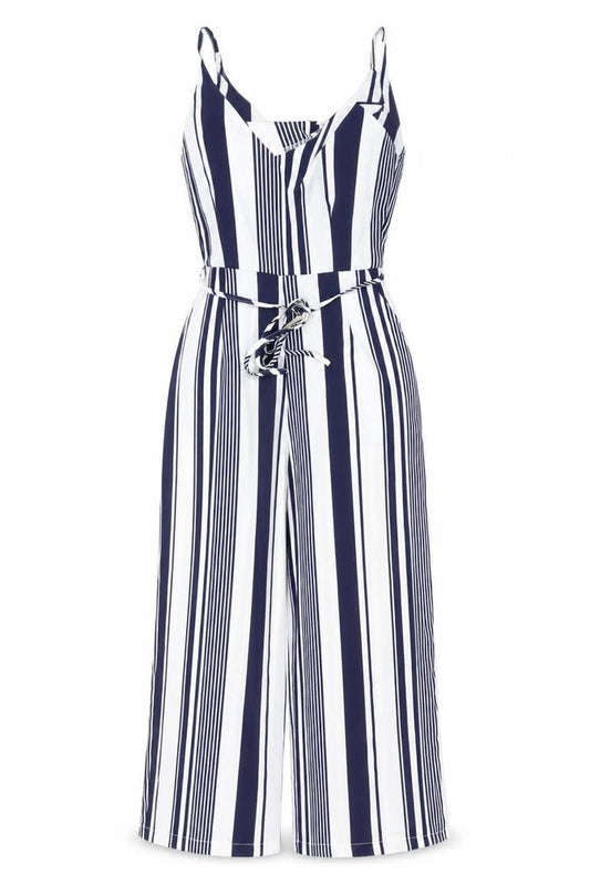 AX Paris Women’s Navy & White Striped Belted Jumpsuit Size 8 Summer Casual