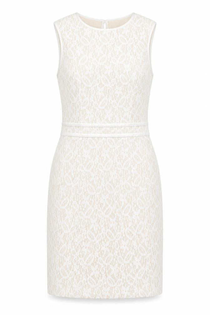 Front view of Atmosphere Women Beige Lace Sheath Dress, size 14