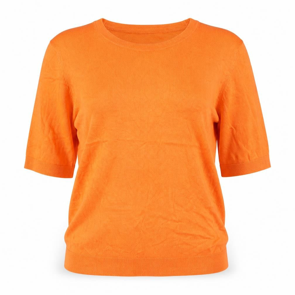 Front view of Dunnes women’s orange short sleeve crew neck knit jumper m