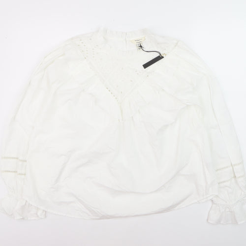 River Island Women’s White Cotton Ruffle High Neck Blouse Size 12