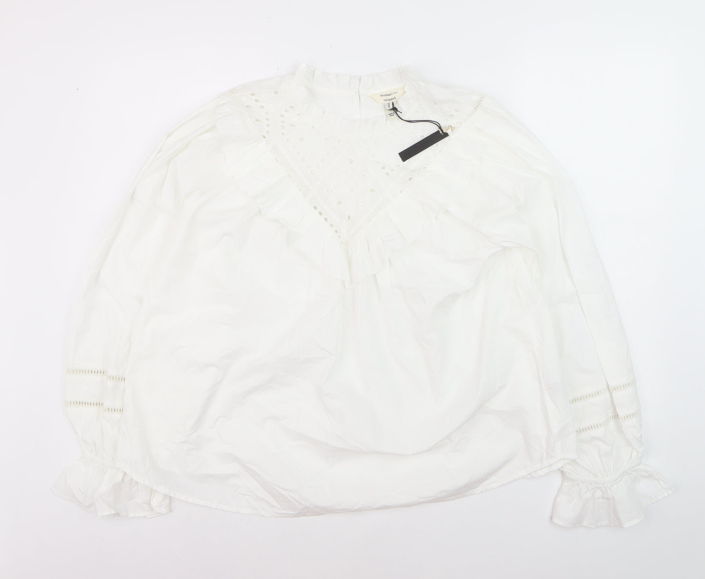 River Island Women’s White Cotton Ruffle High Neck Blouse Size 12