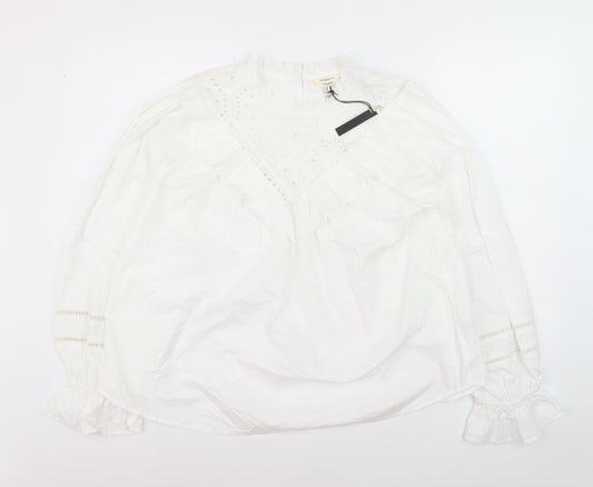 River Island Women’s White Cotton Ruffle High Neck Blouse Size 12