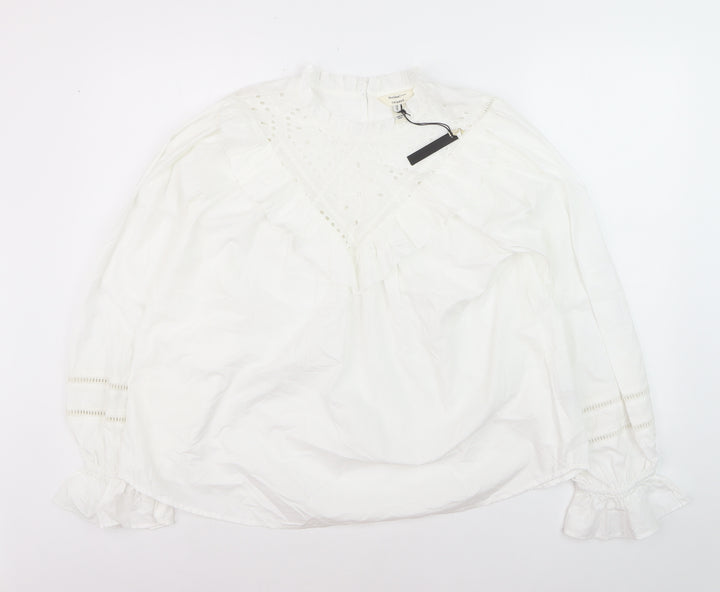 River Island Women’s White Cotton Ruffle High Neck Blouse Size 12