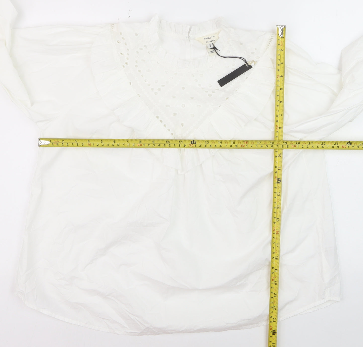 River Island Women’s White Cotton Ruffle High Neck Blouse Size 12