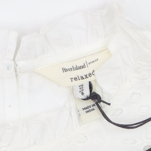 River Island Women’s White Cotton Ruffle High Neck Blouse Size 12