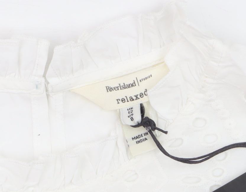 River Island Women’s White Cotton Ruffle High Neck Blouse Size 12