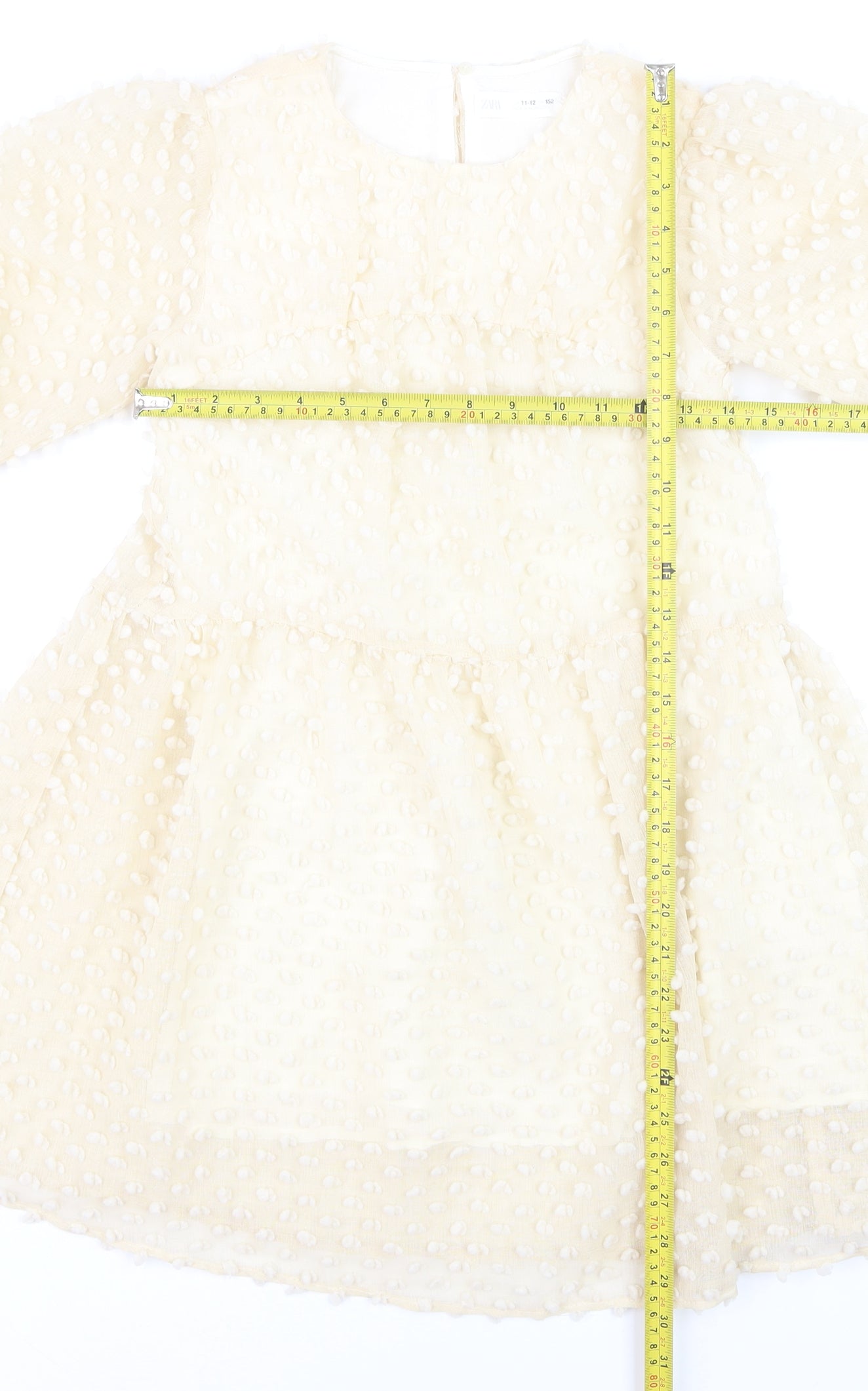 Zara Girls Ivory A-Line Textured Puff Sleeve Party Dress 11-12 Years