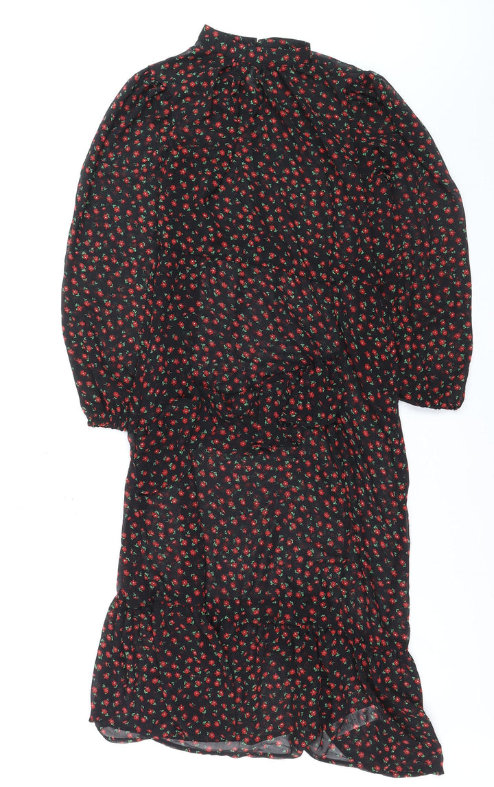 New Look Women's Black Floral Midi Fit & Flare Dress Size 14