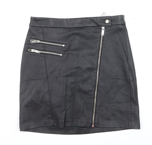 Bershka Women's Black Faux Leather Zip Mini Skirt Size 12