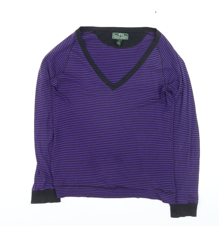 Ralph Lauren Women Purple Striped V-Neck Long Sleeve Cotton Jumper M