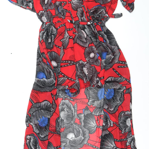 New Look Women’s Red Floral V-Neck Wrap Maxi Dress Size 14